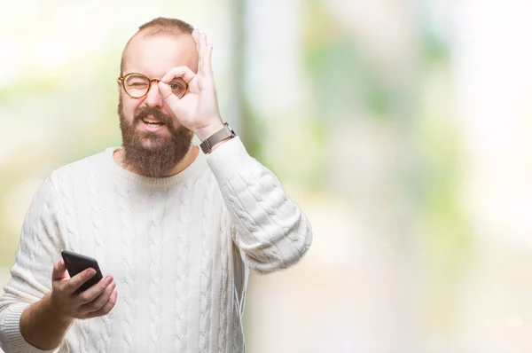 Genç Beyaz Hipster Adam Manifatura Smartphone Ile Mutlu Yüz Parmaklarının — Stok fotoğraf