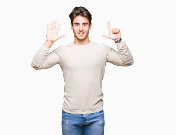 Young Handsome Man Isolated Background Showing Pointing Fingers Number Seven — Stock Photo, Image