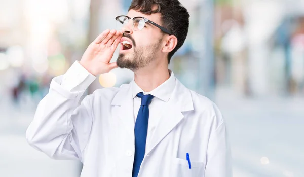 Young Professional Scientist Man Wearing White Coat Isolated Background Shouting — Stock Photo, Image