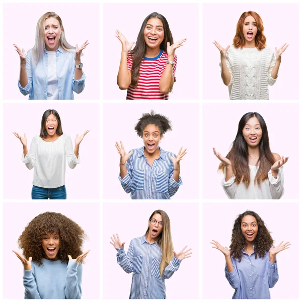 Collage Unga Kvinnor Över Rosa Isolerade Bakgrund Firar Crazy Och — Stockfoto