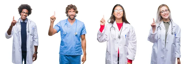 Collage Grupo Médicos Enfermeras Cirujanos Sobre Antecedentes Aislados Mostrando Señalando — Foto de Stock