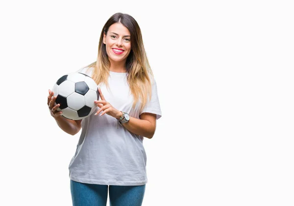 Jovem Bela Mulher Segurando Bola Futebol Sobre Fundo Isolado Com — Fotografia de Stock