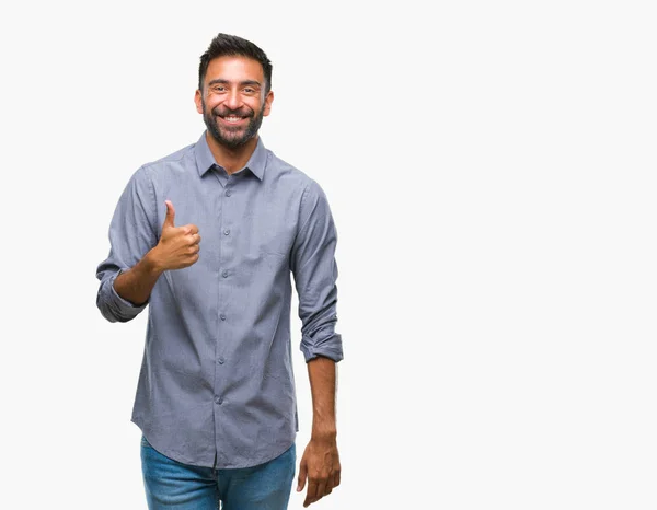 Adult Hispanic Man Isolated Background Doing Happy Thumbs Gesture Hand — Stock Photo, Image