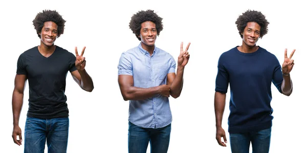 拼贴的非洲裔美国年轻人英俊的男子在孤立的背景微笑着与幸福的脸眨眼在相机做胜利的标志 — 图库照片