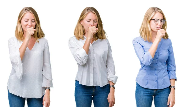 Kolaj Güzel Sarışın Kadın Beyaz Bir Arka Plan Duygu Hasta — Stok fotoğraf