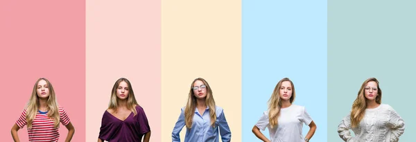 Collage Der Schönen Jungen Frau Über Bunten Streifen Isolierten Hintergrund — Stockfoto