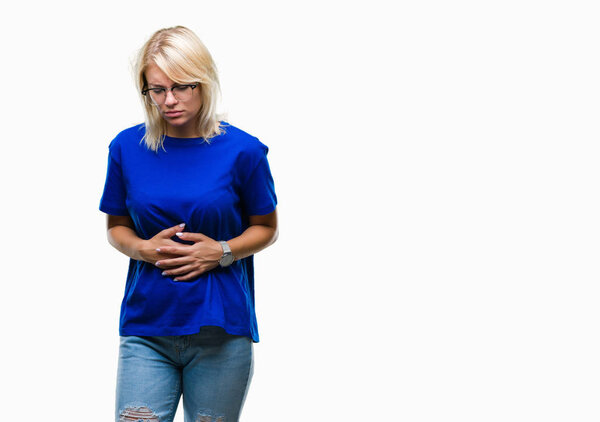 Young beautiful blonde woman wearing glasses over isolated background with hand on stomach because nausea, painful disease feeling unwell. Ache concept.