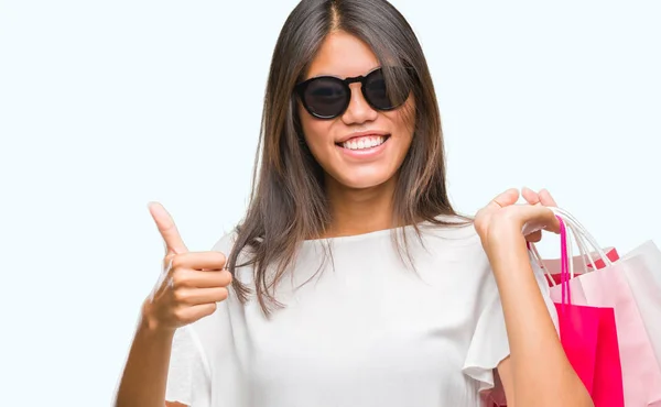 Joven Mujer Asiática Sosteniendo Bolsas Compras Las Ventas Sobre Fondo — Foto de Stock