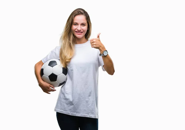 Joven Hermosa Mujer Rubia Sosteniendo Pelota Fútbol Sobre Fondo Aislado —  Fotos de Stock