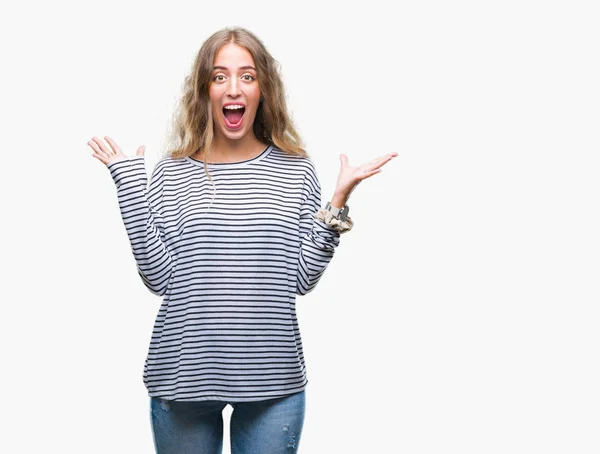 Beautiful Young Blonde Woman Wearing Stripes Sweater Isolated Background Celebrating — Stock Photo, Image