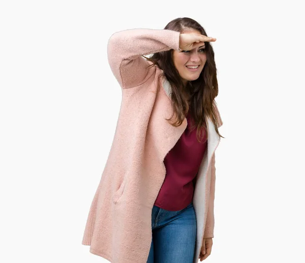 Artı Boyutu Genç Kadın Güzel Üzerinde Kış Palto Giyiyor Arka — Stok fotoğraf