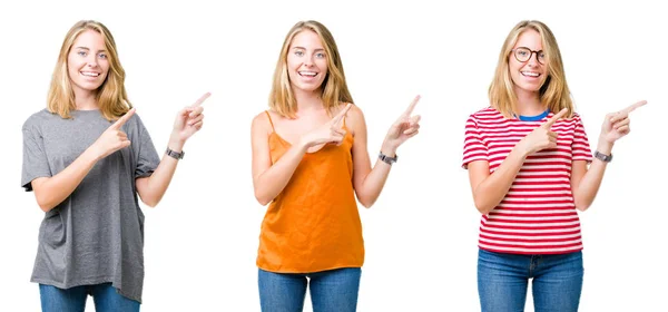 Collage Einer Schönen Blonden Frau Auf Weißem Isoliertem Hintergrund Die — Stockfoto