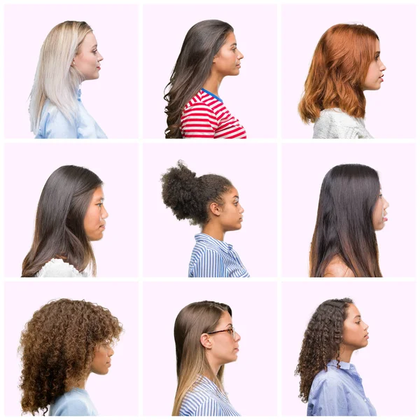 Collage Junger Frauen Über Rosa Isoliertem Hintergrund Die Zur Seite — Stockfoto