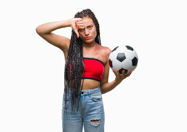 Cabello Trenzado Joven Afroamericano Con Marca Nacimiento Sosteniendo Pelota Fútbol —  Fotos de Stock