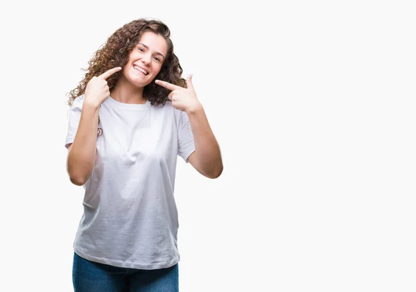 Schöne Brünette Lockige Haare Junges Mädchen Trägt Lässiges Shirt Über — Stockfoto