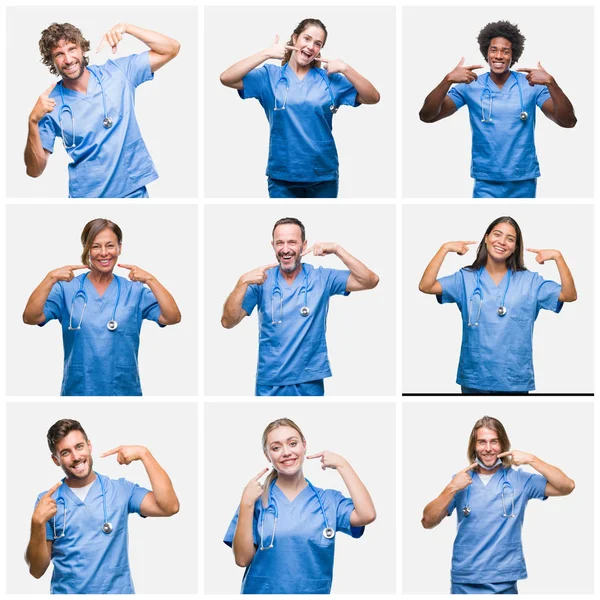 Collage Gruppo Infermiere Medico Professionisti Sfondo Isolato Sorridente Fiducioso Mostrando — Foto Stock