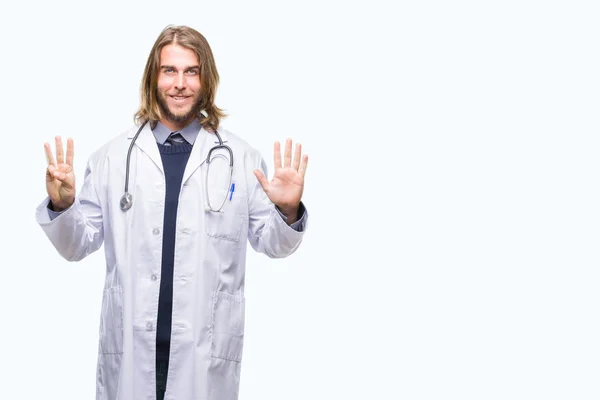 Young Handsome Doctor Man Long Hair Isolated Background Showing Pointing — Stock Photo, Image