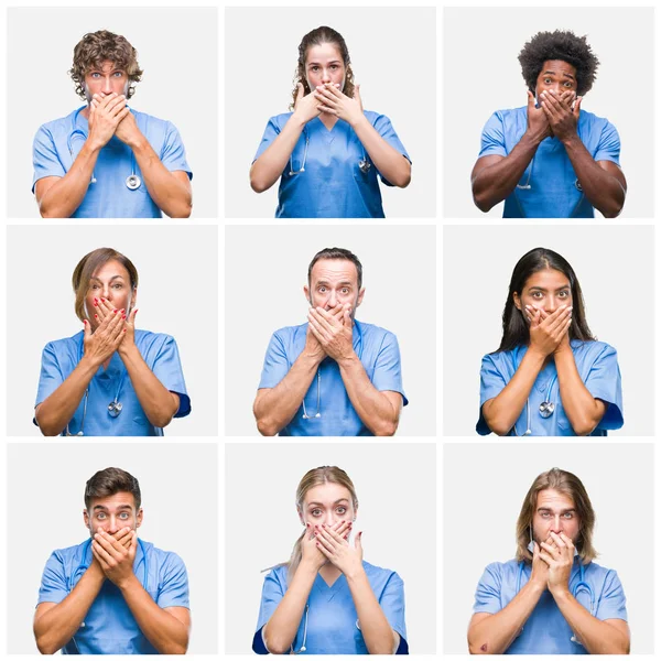 Collage Group Professional Doctor Nurse People Isolated Background Shocked Covering — Stock Photo, Image