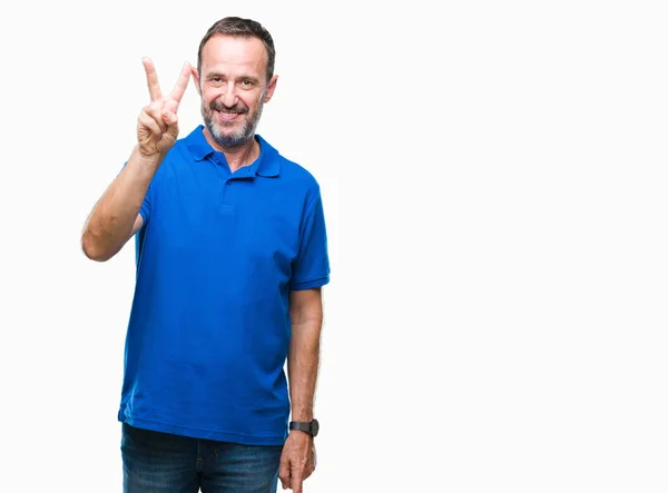 Middle Age Hoary Senior Man Isolated Background Showing Pointing Fingers — Stock Photo, Image