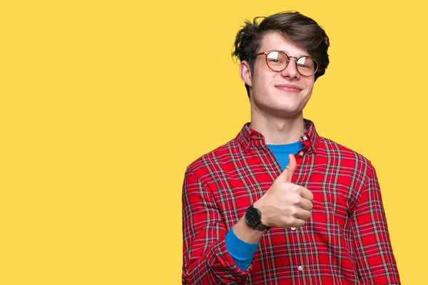 Young Handsome Man Wearing Glasses Isolated Background Doing Happy Thumbs — Stock Photo, Image