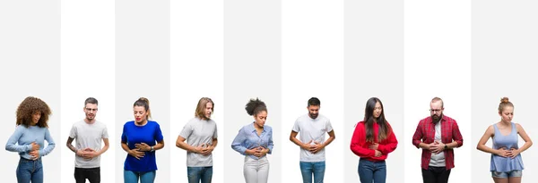 Collage Diferentes Etnias Jóvenes Sobre Rayas Blancas Aislados Fondo Con —  Fotos de Stock