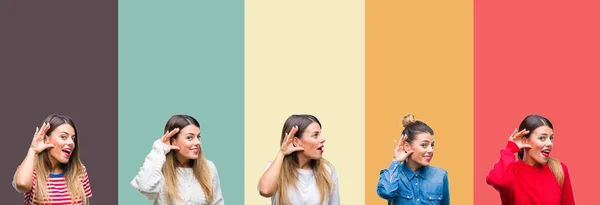 Colagem Jovem Mulher Bonita Sobre Colorido Vintage Isolado Fundo Sorrindo — Fotografia de Stock