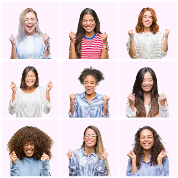 Collage Unga Kvinnor Över Rosa Isolerade Bakgrund Glada För Framgång — Stockfoto