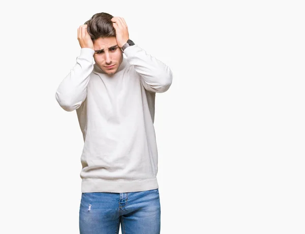 잘생긴 젊은이 스웨터를 때문에 절망과 스트레스에서 고통에 통증과 편두통 머리에 — 스톡 사진