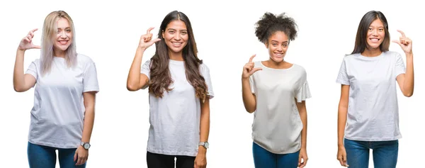 拼贴组的中国 阿拉伯 非洲裔美国妇女在孤立的背景微笑和自信的手势与手做大小标志用手指 而看和相机 测量概念 — 图库照片