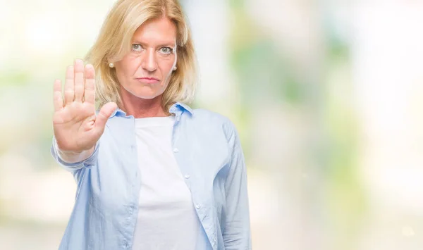 Middle Age Blonde Woman Isolated Background Doing Stop Sing Palm — Stock Photo, Image