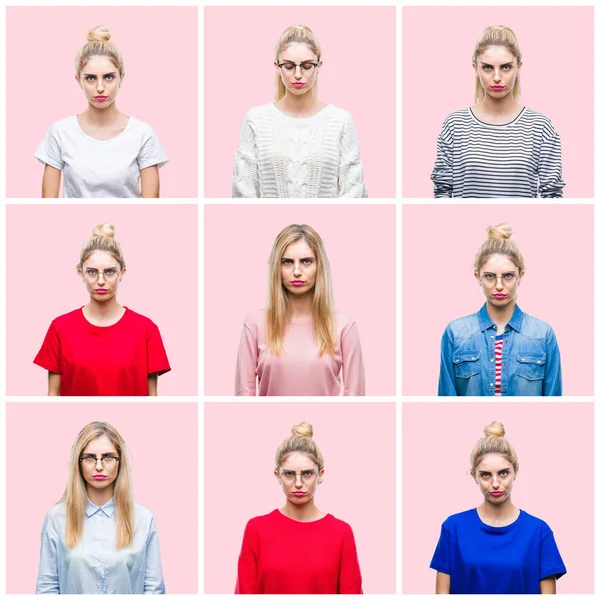 Collage Unga Vackra Blonda Kvinnan Över Rosa Isolerade Bakgrund Deprimerad — Stockfoto
