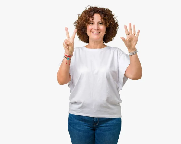 Hermosa Mujer Mediana Edad Ager Vistiendo Camiseta Blanca Sobre Fondo —  Fotos de Stock