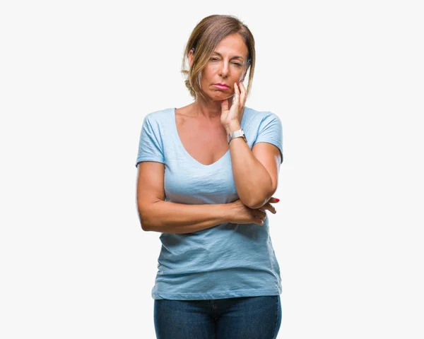 Middelbare Leeftijd Senior Latino Vrouw Geïsoleerde Achtergrond Denken Zoek Moe — Stockfoto