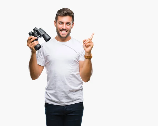 Young Handsome Man Looking Binoculars Isolated Background Very Happy Pointing — Stock Photo, Image
