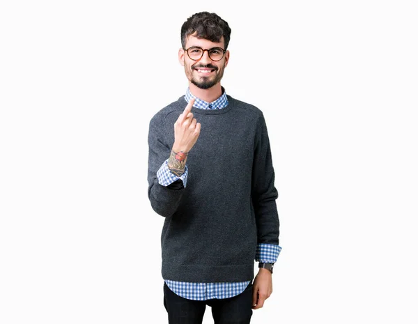 Ung Snygg Smart Man Bär Glasögon Över Isolerade Bakgrund Vinkade — Stockfoto