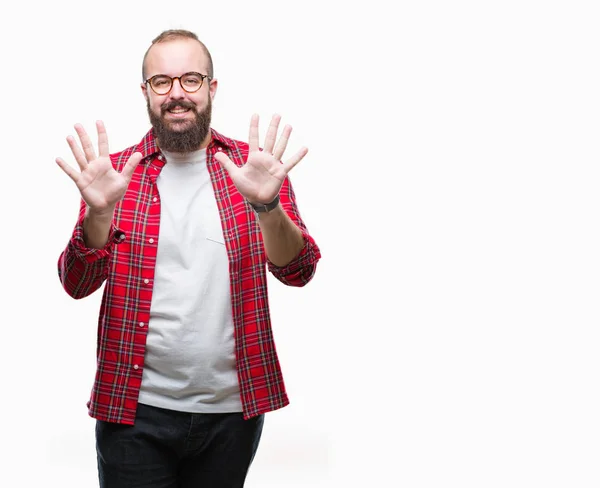 Joven Hombre Hipster Caucásico Con Gafas Sobre Fondo Aislado Mostrando — Foto de Stock