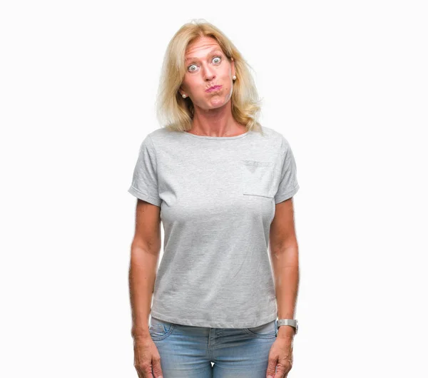 Middle Age Blonde Woman Isolated Background Puffing Cheeks Funny Face — Stock Photo, Image