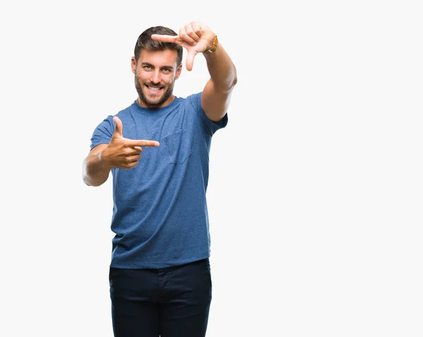 Jonge Knappe Man Geïsoleerde Achtergrond Glimlachend Maken Frame Met Handen — Stockfoto