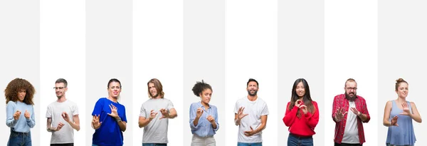 Colagem Diferentes Etnias Jovens Sobre Listras Brancas Fundo Isolado Expressão — Fotografia de Stock