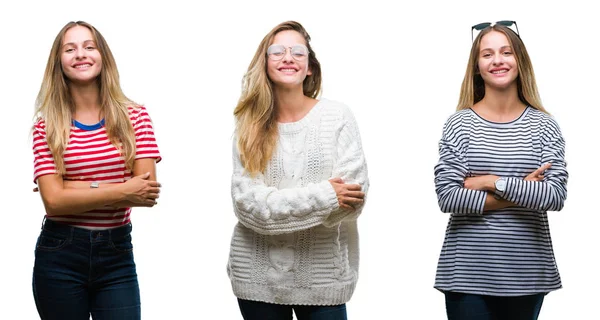 Collage Unga Vackra Blonda Kvinnan Över Isolerade Bakgrund Glada Ansikte — Stockfoto