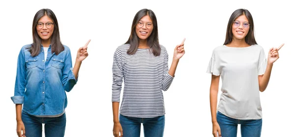 アジアの若い女性は立ってカメラを見て側の手と指で指すの顔に大きな笑みを浮かべて白い分離背景に眼鏡をかけてのコラージュ — ストック写真