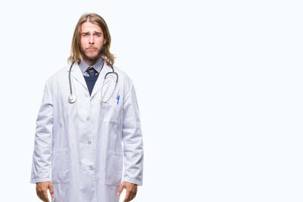 Young Handsome Doctor Man Long Hair Isolated Background Depressed Worry — Stock Photo, Image