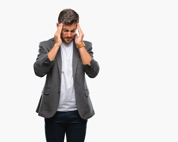 Joven Hombre Negocios Guapo Sobre Fondo Aislado Con Mano Cabeza —  Fotos de Stock