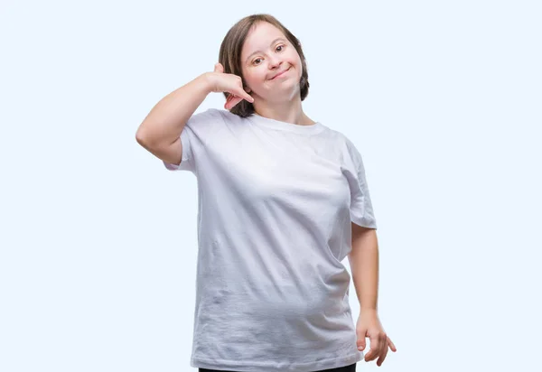 Mulher Adulta Jovem Com Síndrome Sobre Fundo Isolado Sorrindo Fazendo — Fotografia de Stock