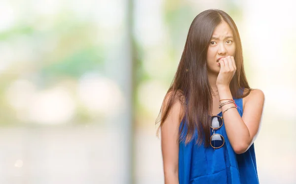 Young Asian Woman Isolated Background Looking Stressed Nervous Hands Mouth — Stock Photo, Image