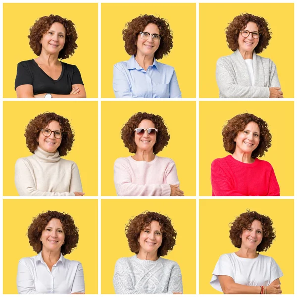 Collage Middle Age Senior Woman Yellow Isolated Background Happy Face — Stock Photo, Image