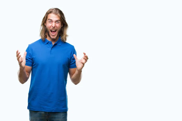 Joven Hombre Guapo Con Pelo Largo Sobre Fondo Aislado Celebrando —  Fotos de Stock