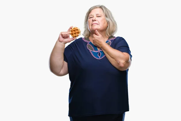 Senior Grootte Kaukasische Vrouw Wafel Eten Geïsoleerd Ernstige Gezicht Achtergrond — Stockfoto