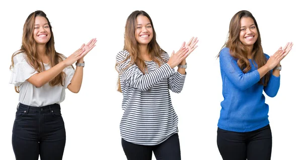 Koláž Krásné Mladé Ženy Izolované Pozadí Clapping Tleskají Šťastné Radostné — Stock fotografie