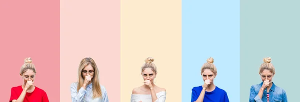 Colagem Mulher Loira Bonita Sobre Listras Coloridas Fundo Isolado Sensação — Fotografia de Stock